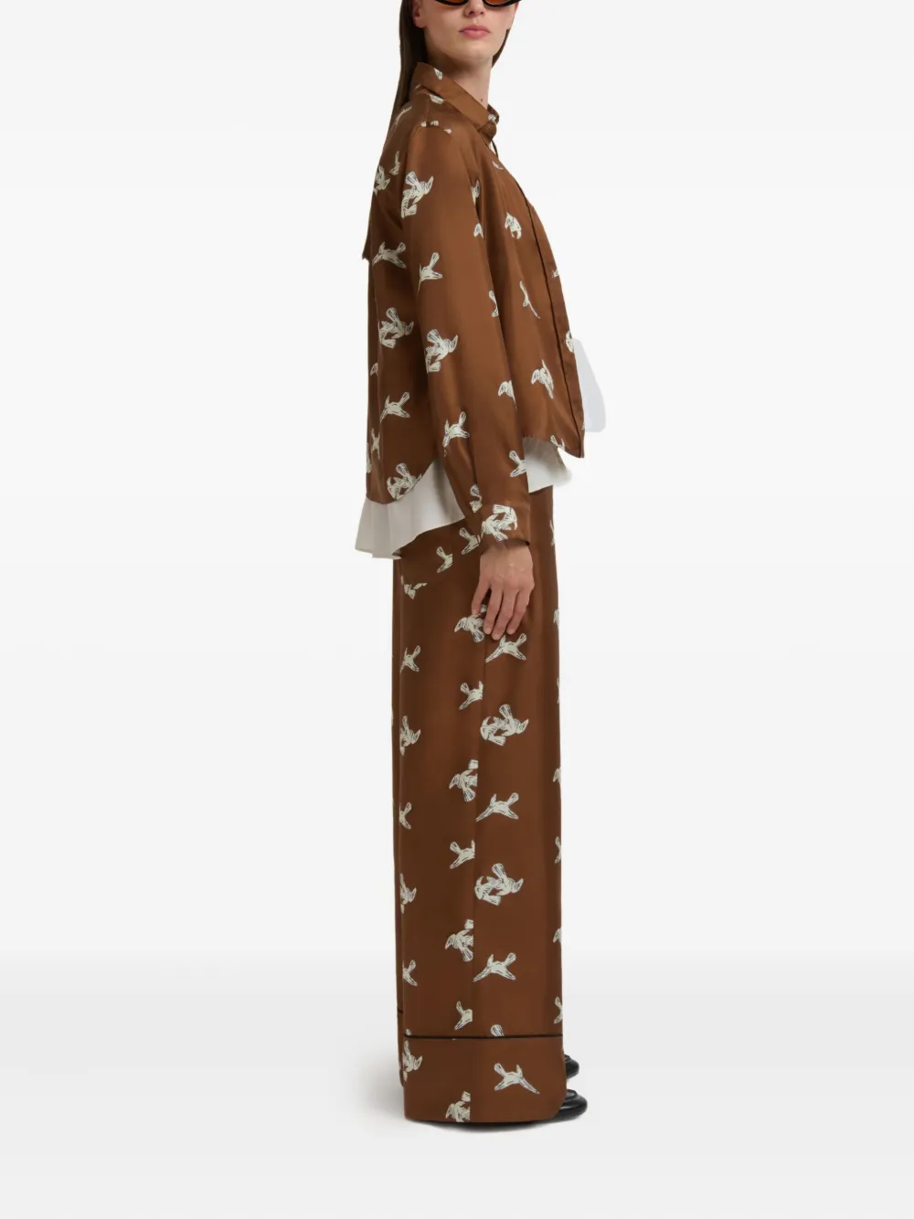 Marni Raven-print Wide-leg Trousers In Brown