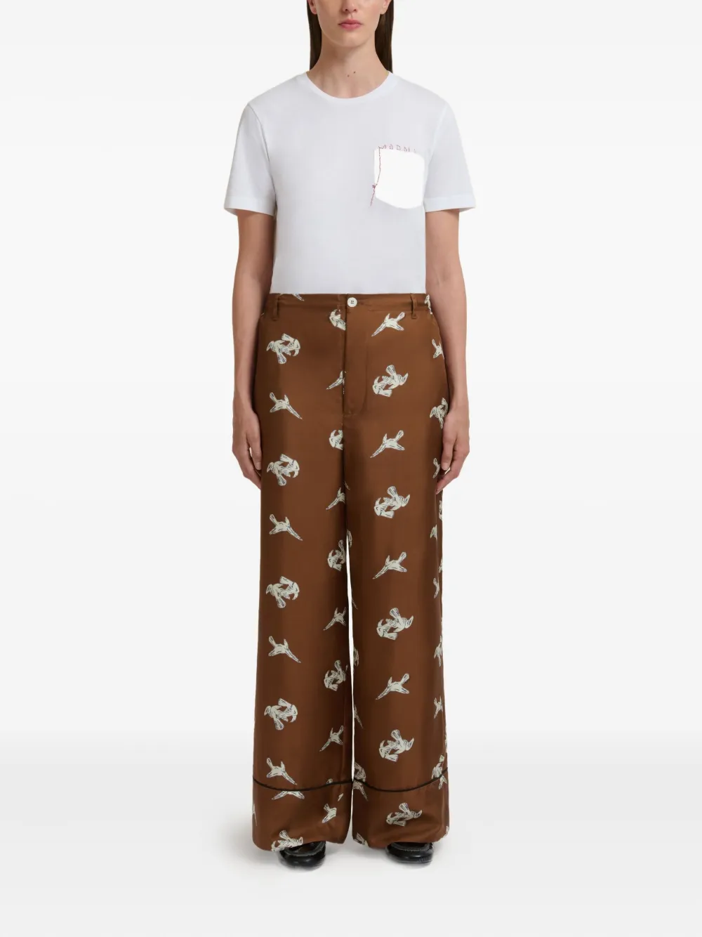 Marni raven-print wide-leg trousers - Bruin
