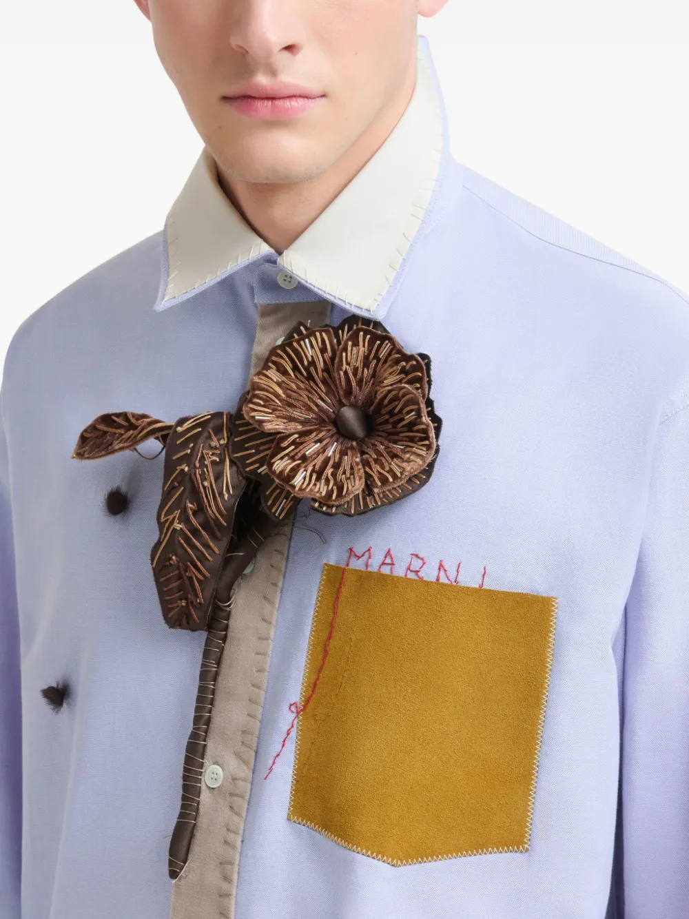 Marni Contrast-collar Embroidered-pocket Shirt In Blue