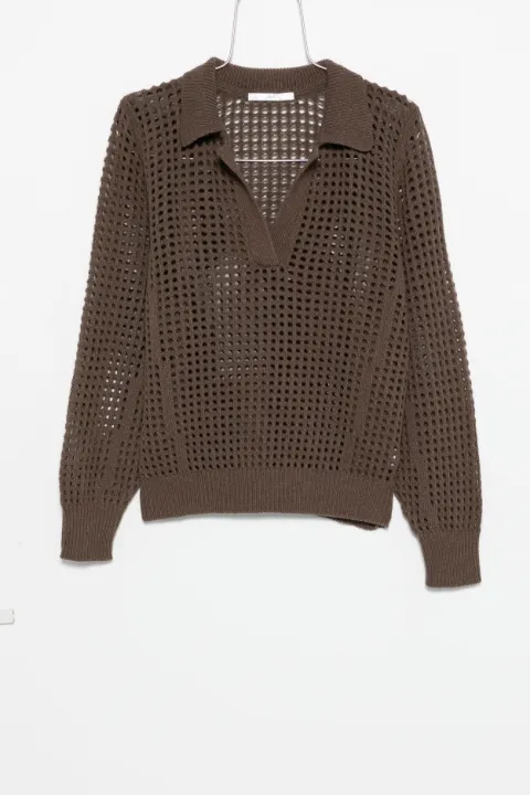 3311 openwork polo-collar knitted top
