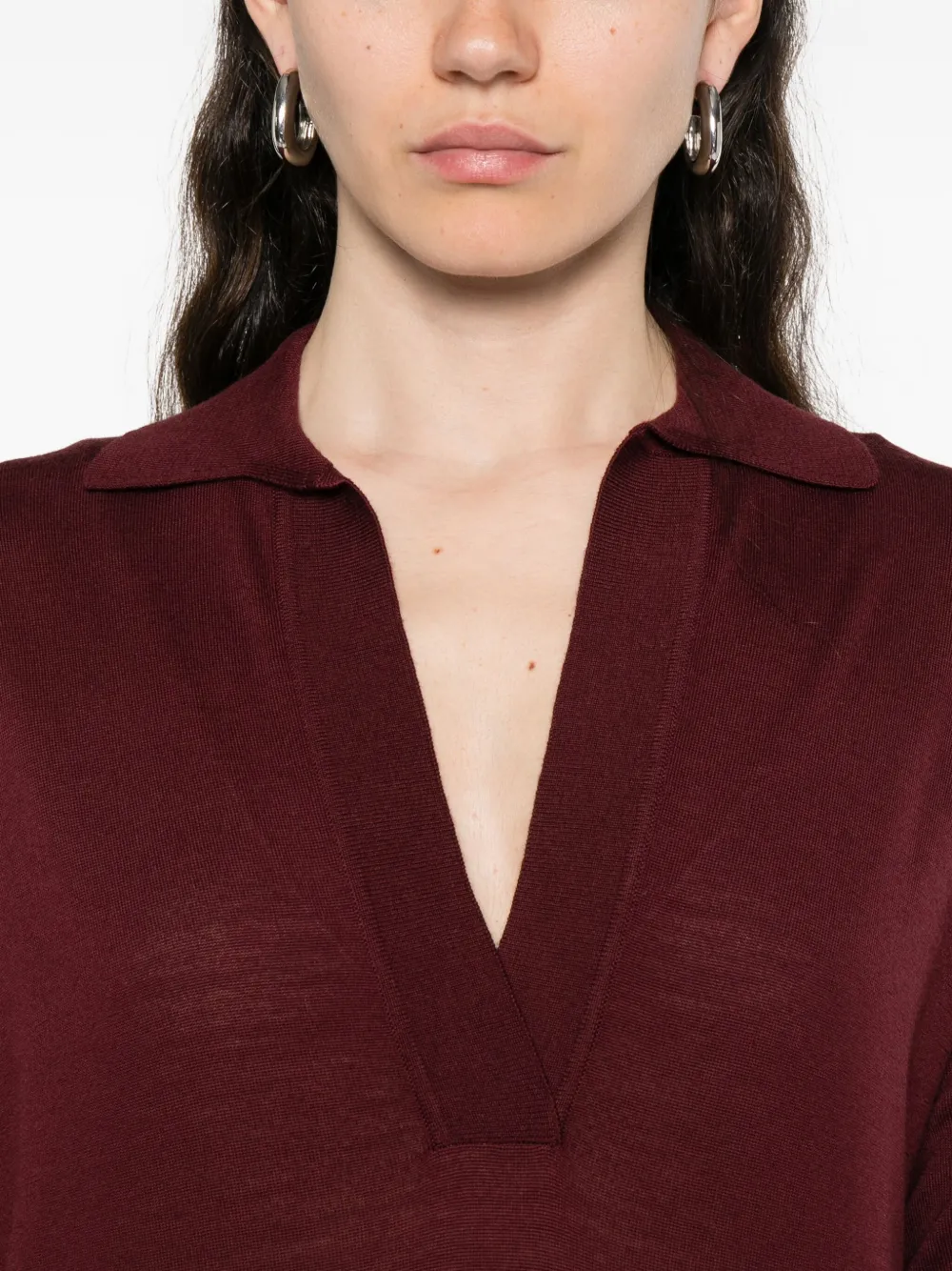 Alpha Studio V-neck Polo-collar Sweater In Burgundy