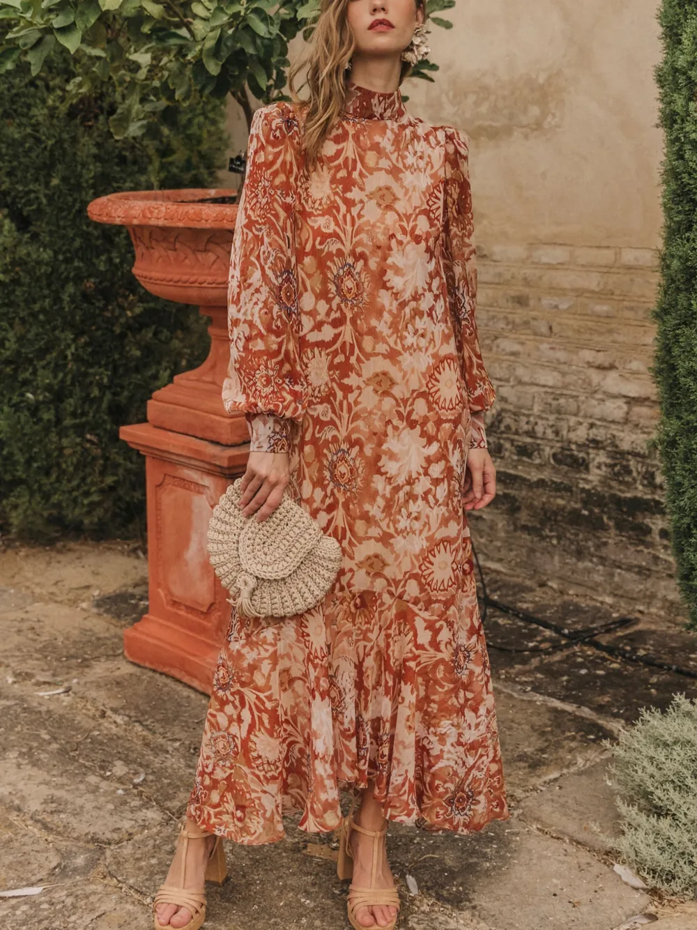 CHERUBINA Mariette floral mock-neck maxi dress - Bruin