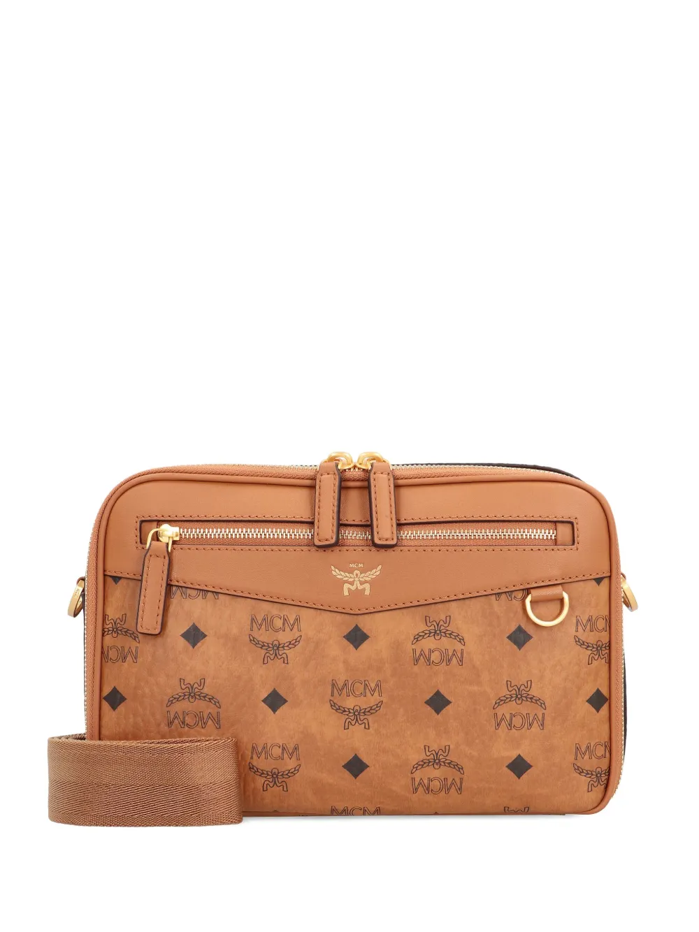 Mcm Logo-pattern Zip Messenger Bag In Neutral