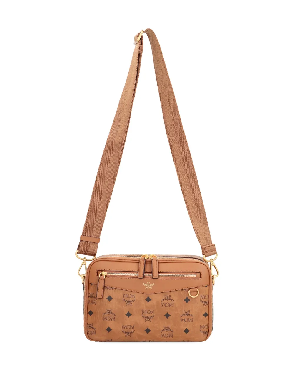 Mcm Logo-pattern Zip Messenger Bag In Neutral