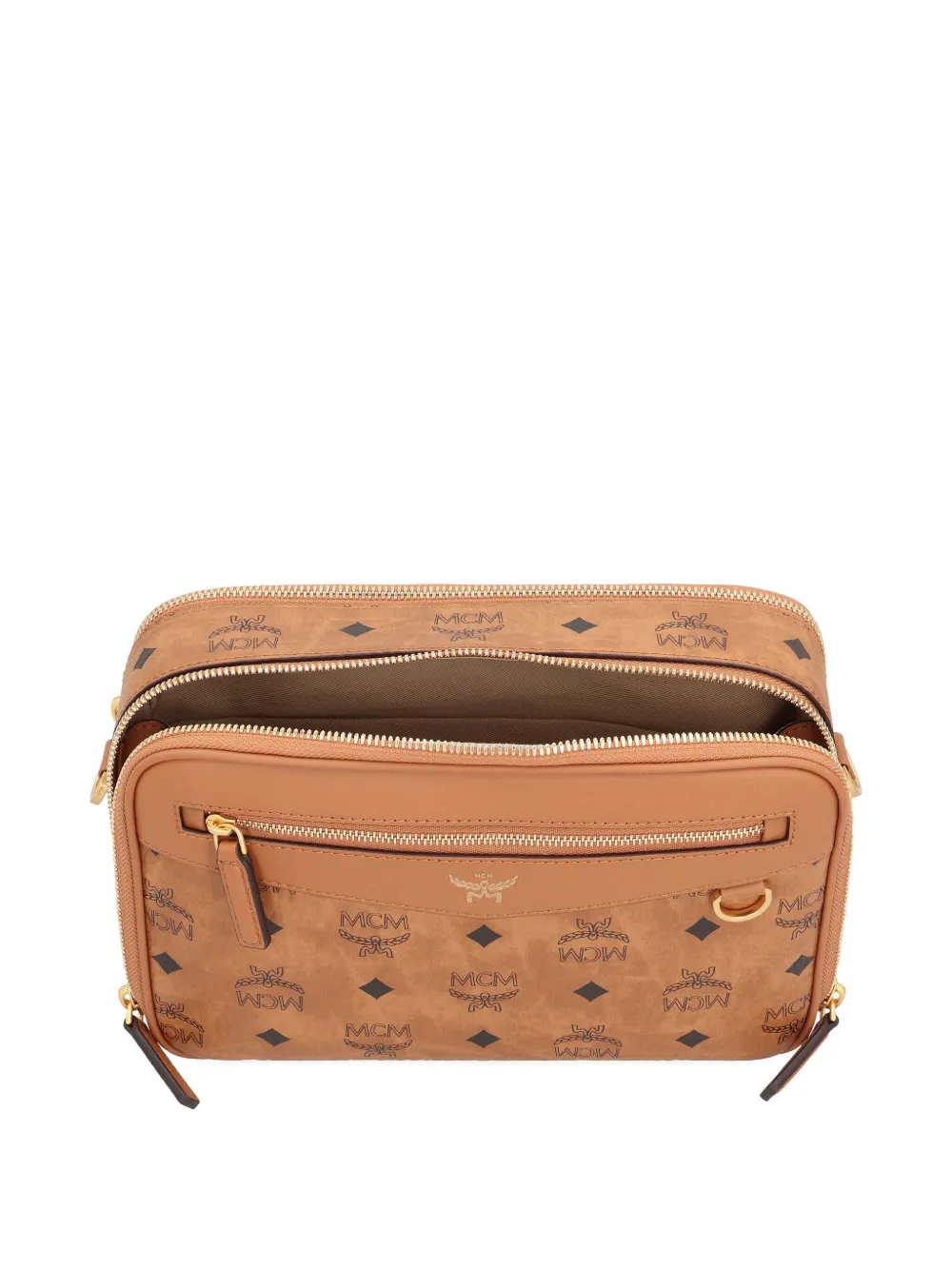 Mcm Logo-pattern Zip Messenger Bag In Neutral