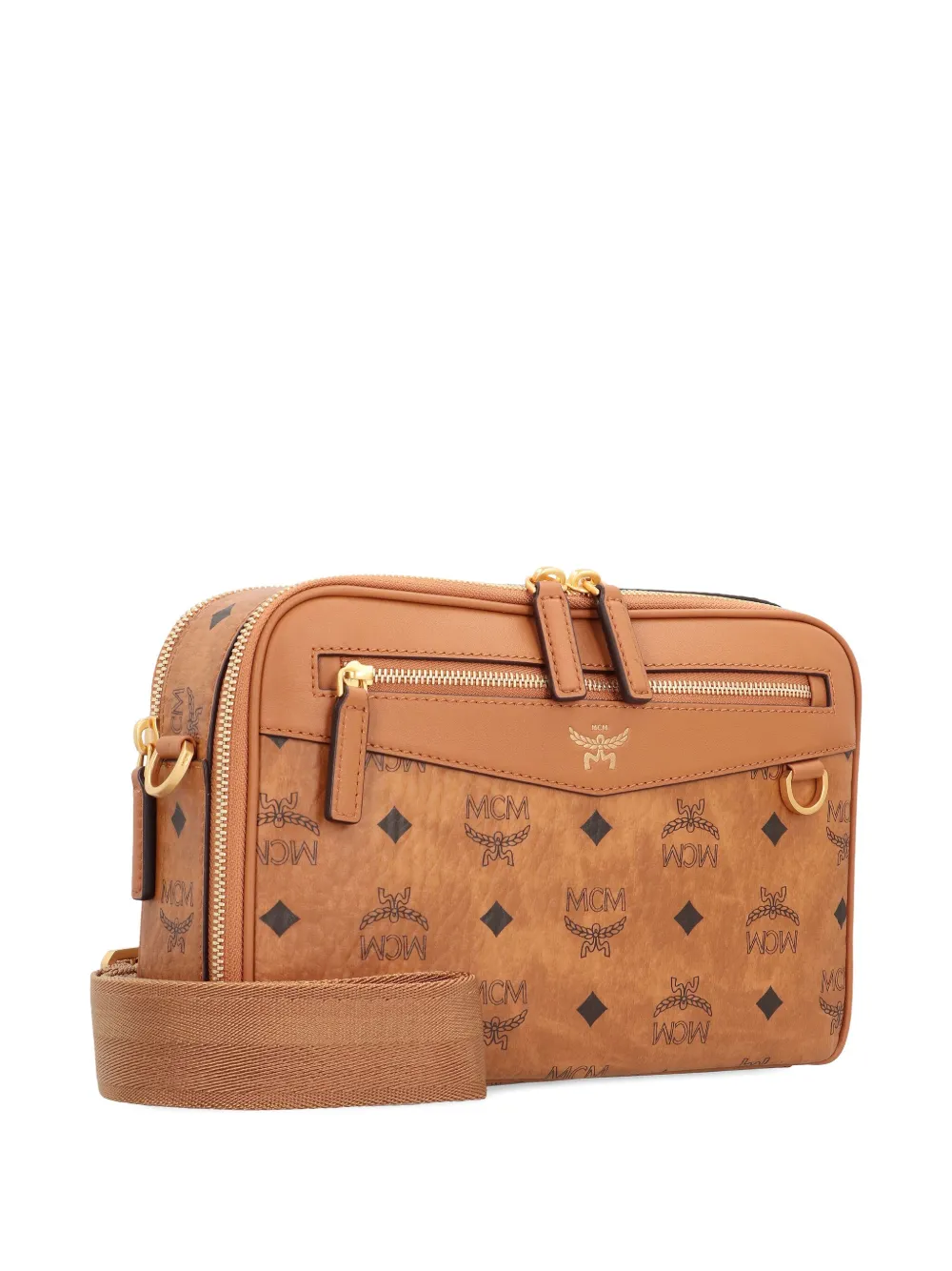 Mcm Logo-pattern Zip Messenger Bag In Neutral