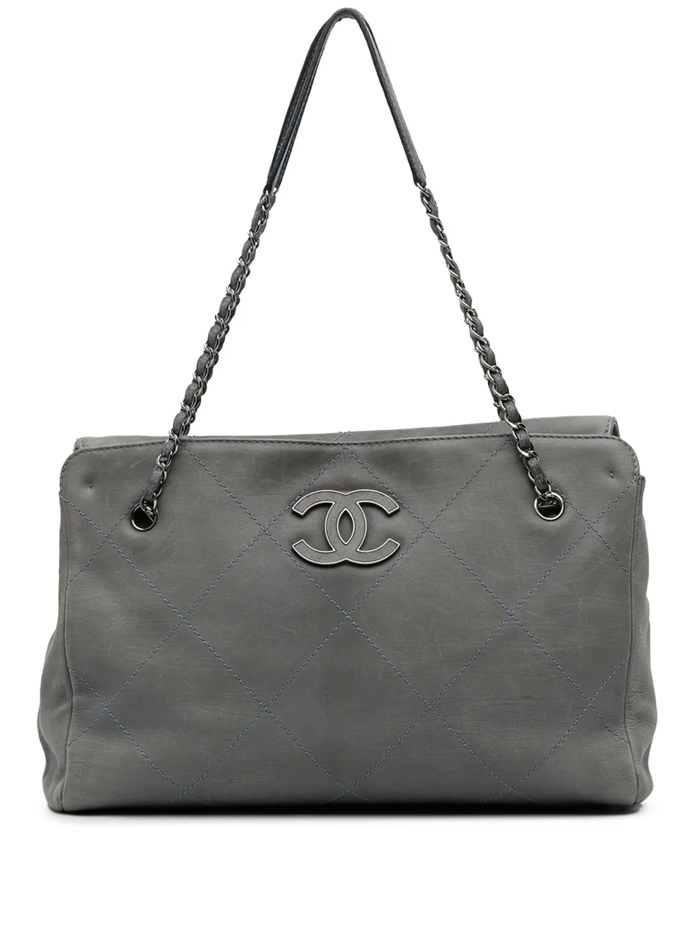 Pre-owned Chanel 2011 Large Calfskin Ultra Stitch Hamptons Enamel Cc Tote Bag In Blue