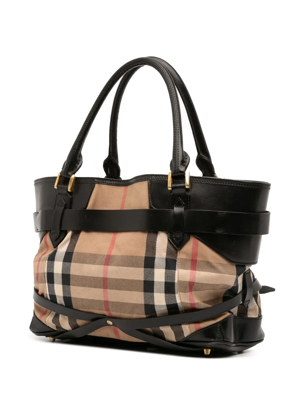 Pre-owned Burberry 2000-2017 Medium House Check Canvas And Leather Bridle Lynher Tote Bag In Brown
