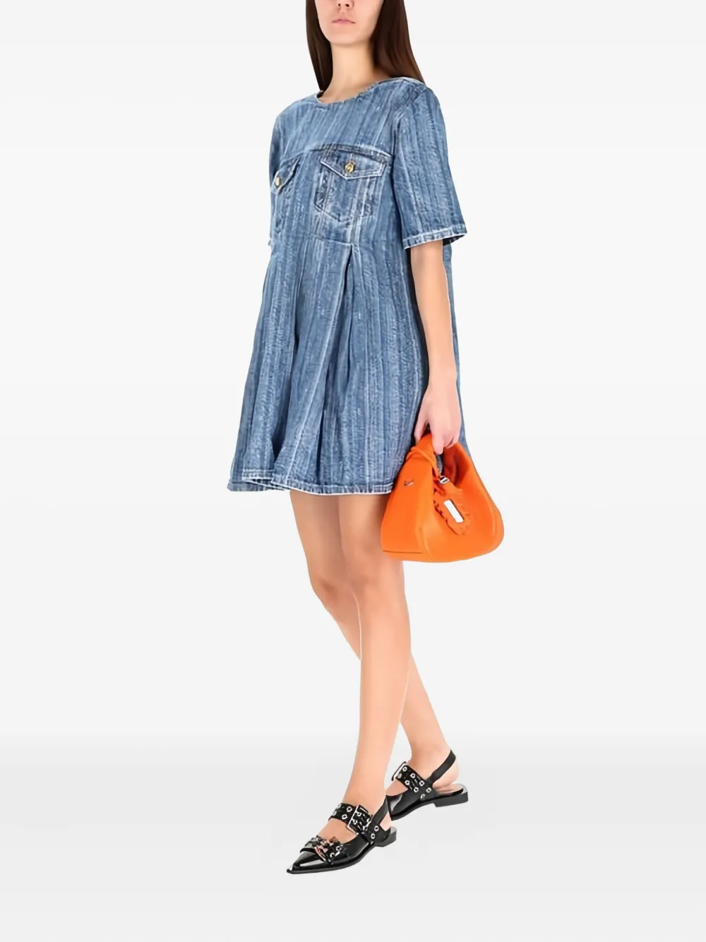 GANNI striped denim pleated mini dress - Blauw