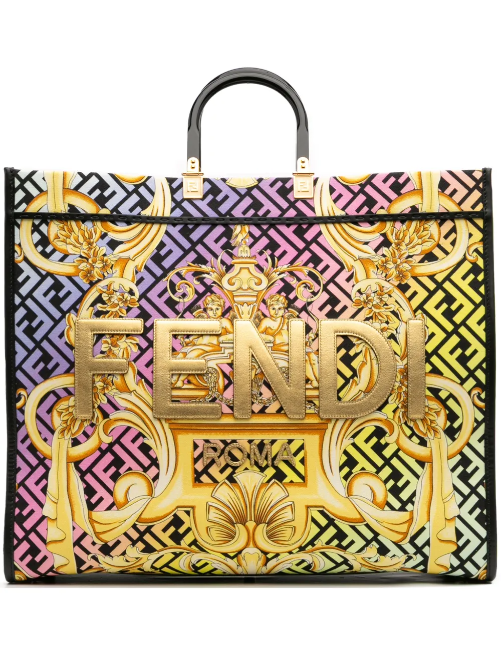 Fendi Pre-Owned شنطة عملية 'فيرساتشي فندانس سانشاين شوبر XL' كانفا بشعار الماركة 2010-2025 | أسود | Image 1