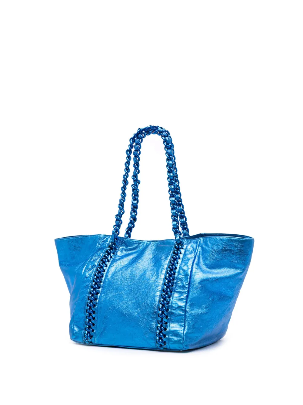 Pre-owned Chanel 2008-2009 Medium Cracked Metallic Calfskin Modern Chain Tote Bag In Blue