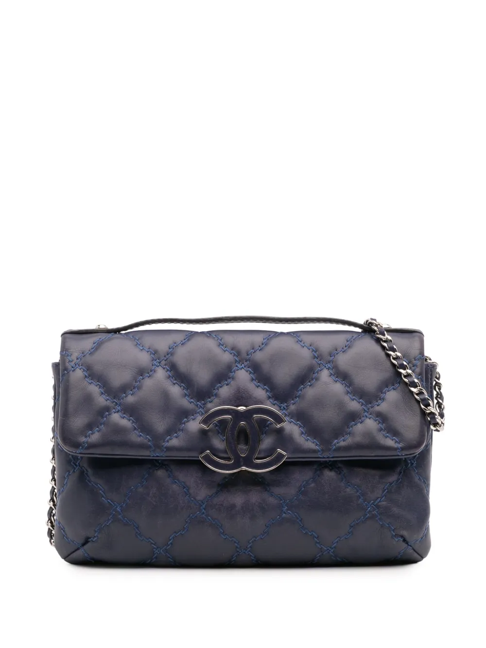 CHANEL Pre-Owned 2012-2013 ミニ ダブルステッチ ハンプトンズ フラップ サッチェルバッグ - ブルー CHANEL Pre-Owned 2012-2013 ミニ ダブルステッチ ハンプトンズ フラップ サッチェルバッグ - ブルー