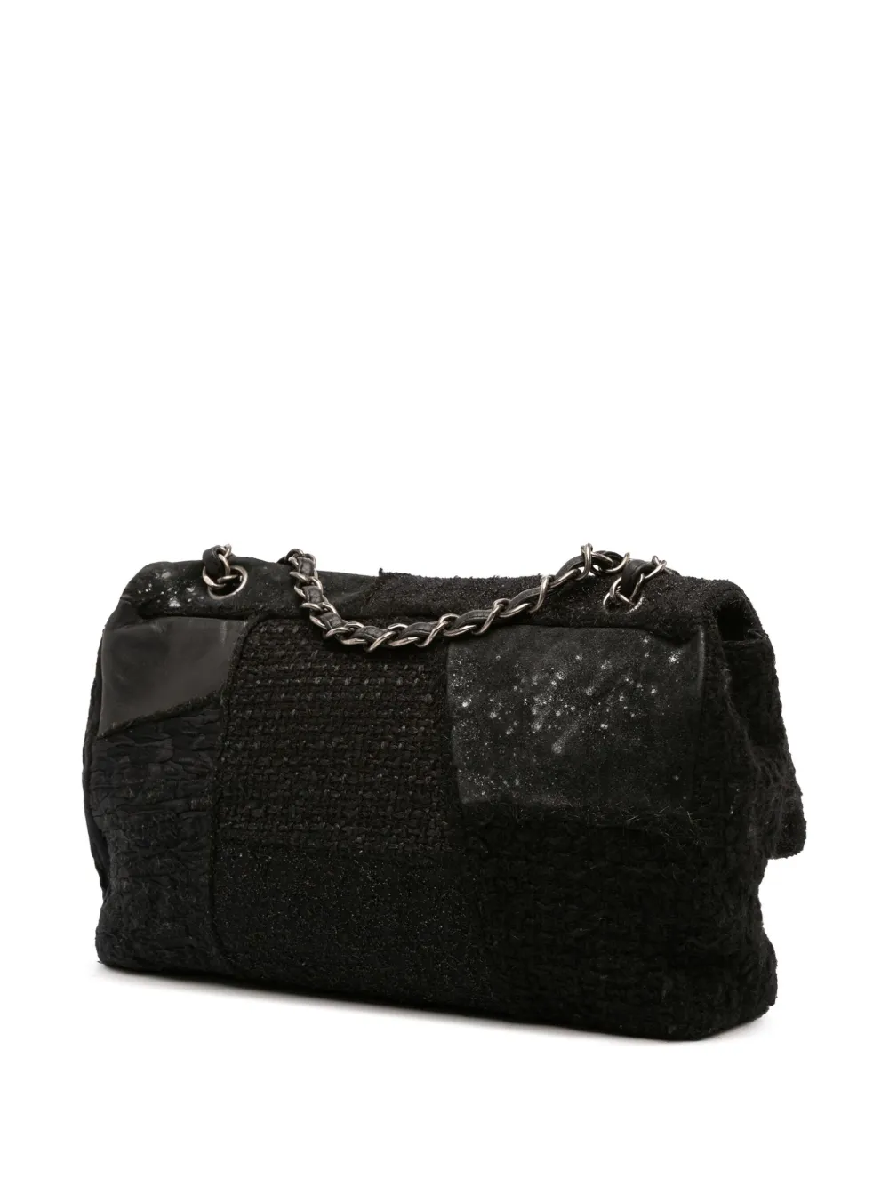 Pre-owned Chanel 2010-2011 Jumbo Patchwork Tweed Flap Shoulder Bag In Black