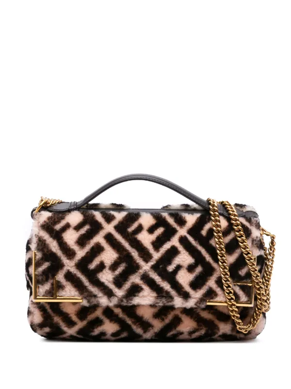 Fendi Pre-owned 2010-2025 Zucca Shearling Double F Baguette Satchel in Brown