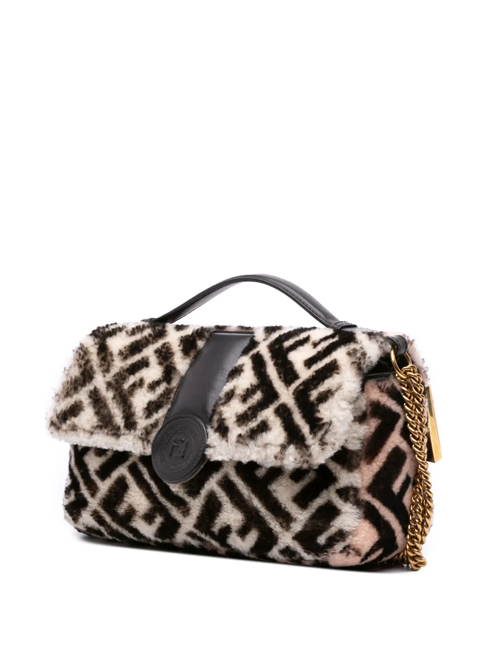 Pre-owned Fendi 2010-2025 Zucca Shearling Double F Baguette Satchel In Brown