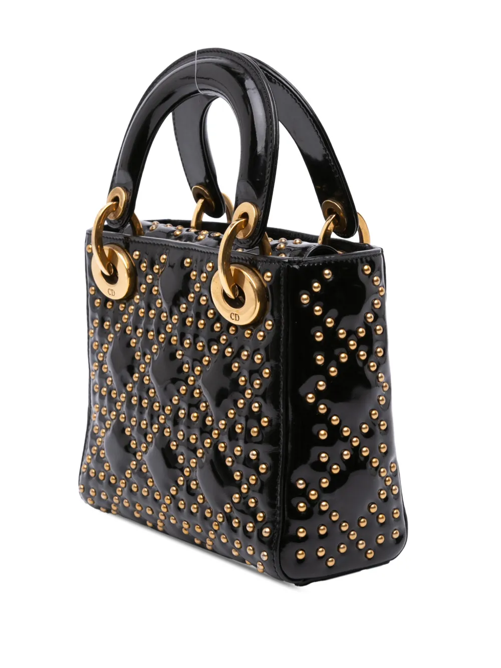 Pre-owned Dior 2017 Mini Patent Cannage Studded Supple Lady  Satchel In Black