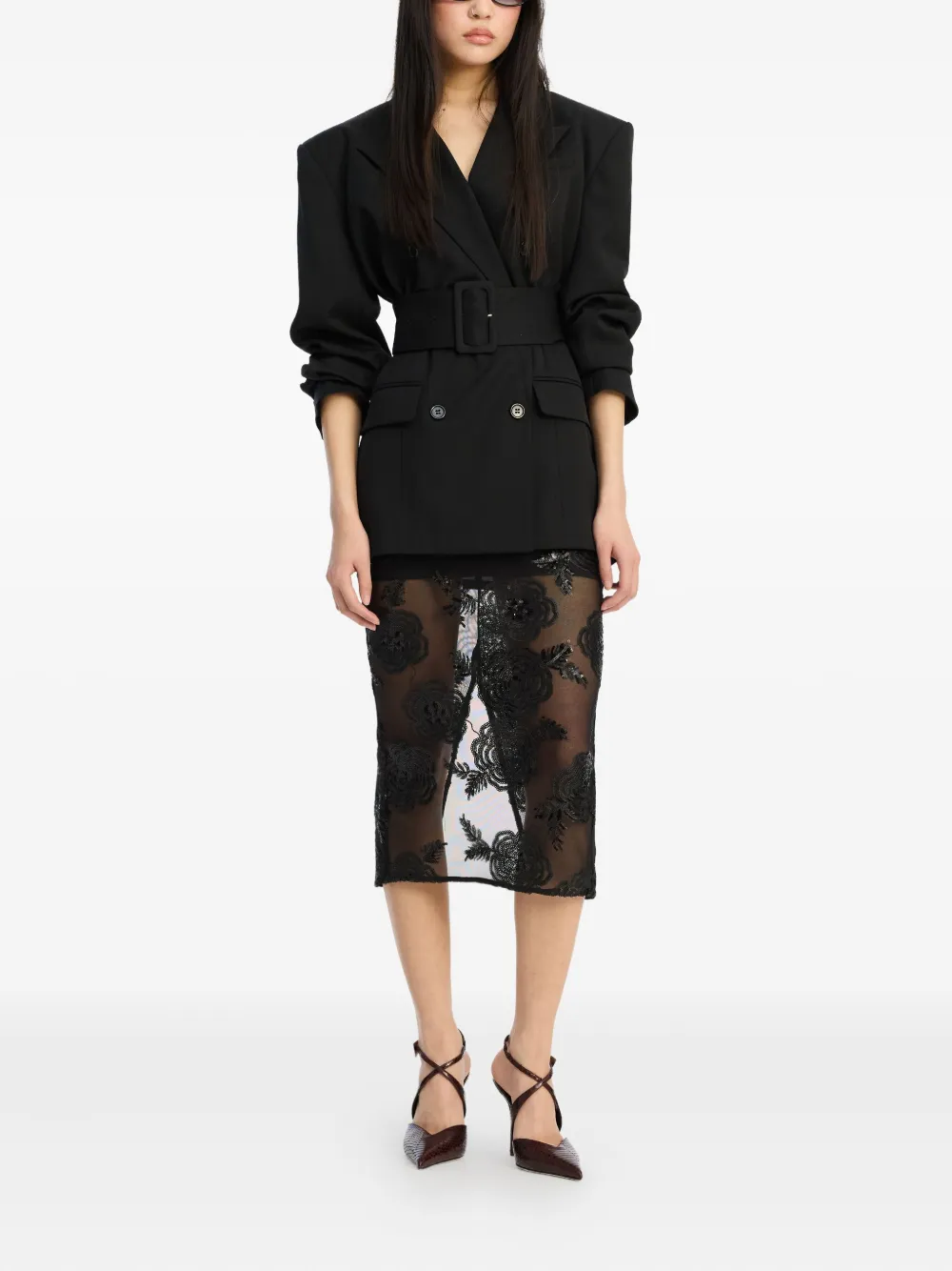 ROTATE BIRGER CHRISTENSEN Midi-rok verfraaid met bloemen - Zwart