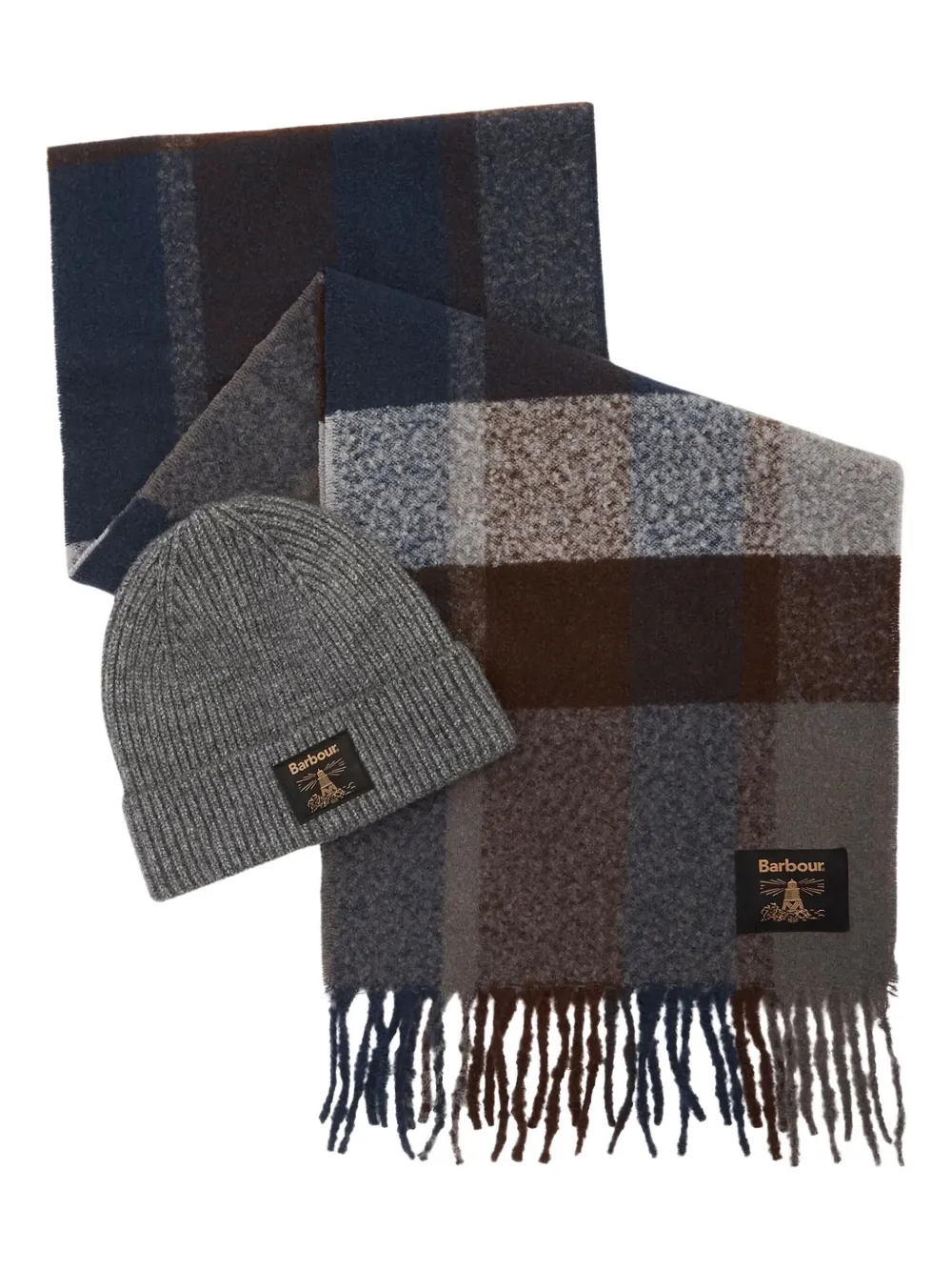 Barbour Esterdale check-pattern beanie scarf set | Grey | Image 1