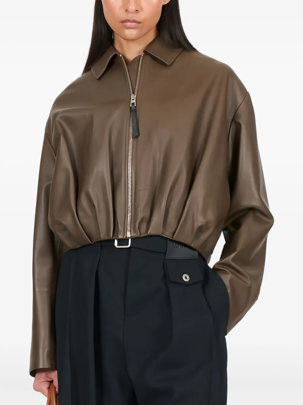 Loewe Draped Zip-front Leather Jacket In Brown