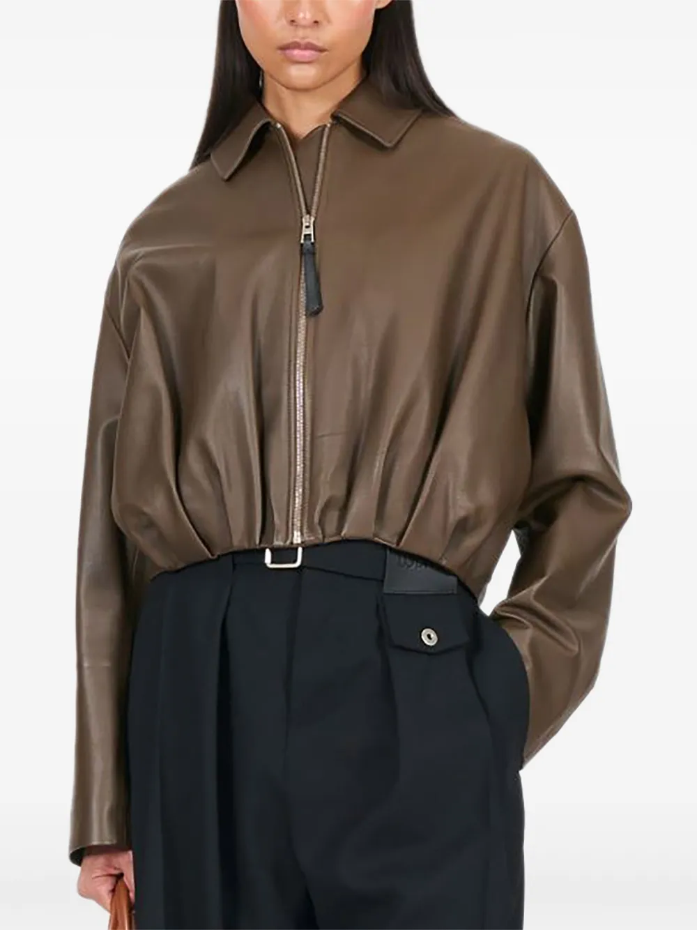 Loewe Draped Zip-front Leather Jacket In Brown