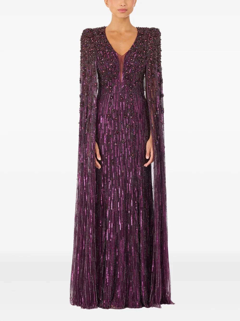 Jenny Packham Sweet Silva Beaded Cape Maxi Dress In Multi