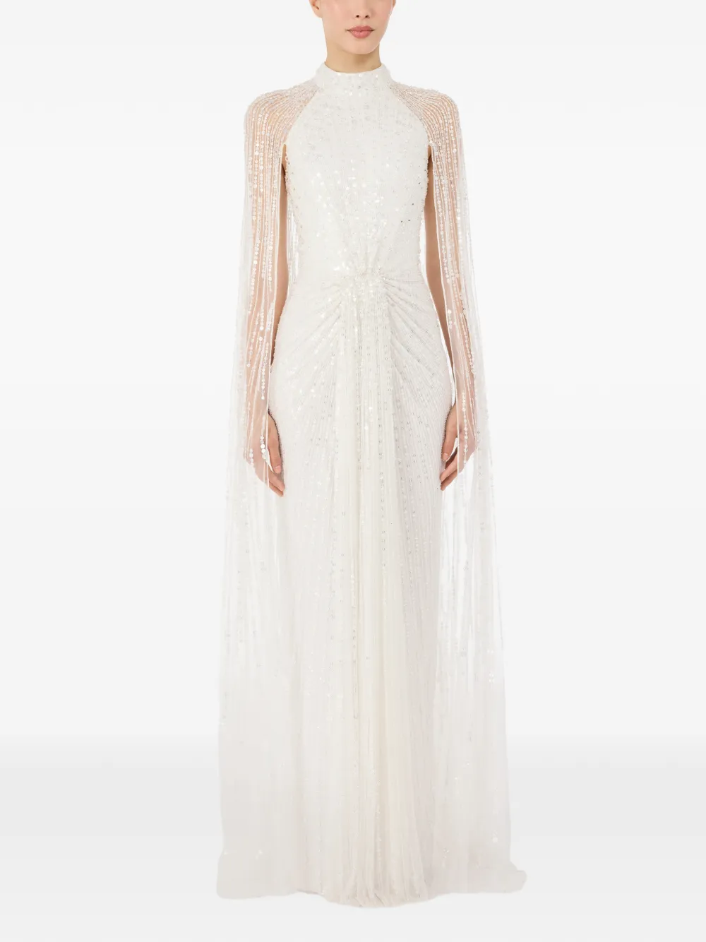 Jenny Packham Cairo Sequin Cape Maxi Dress In White