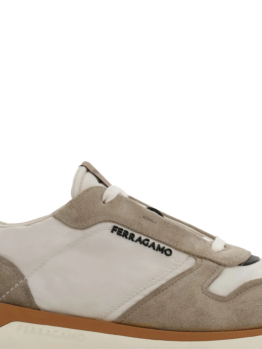 Ferragamo Leather And Fabric Sneakers With Side Logo In Brown