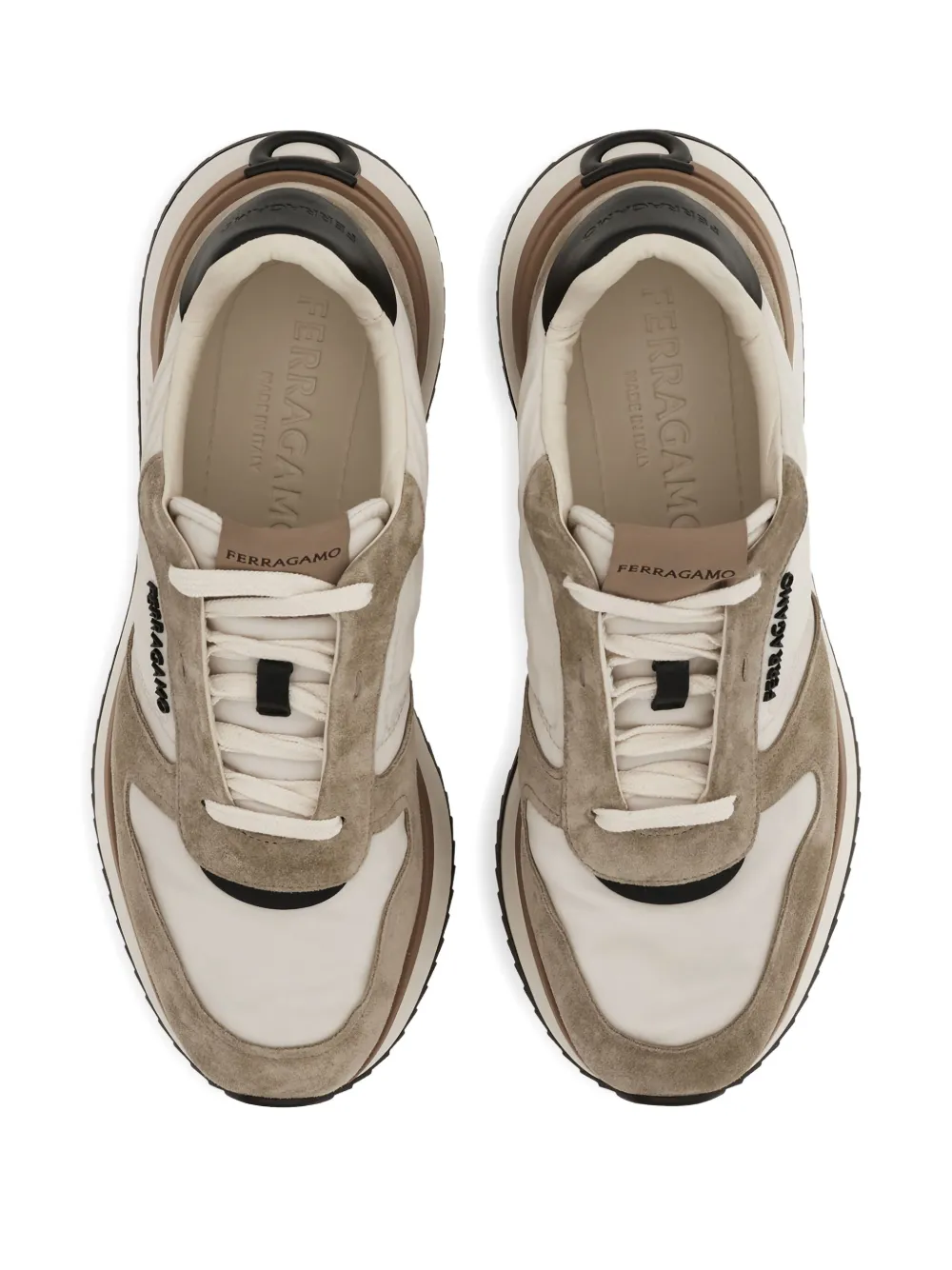 Ferragamo Leather And Fabric Sneakers With Side Logo In Brown
