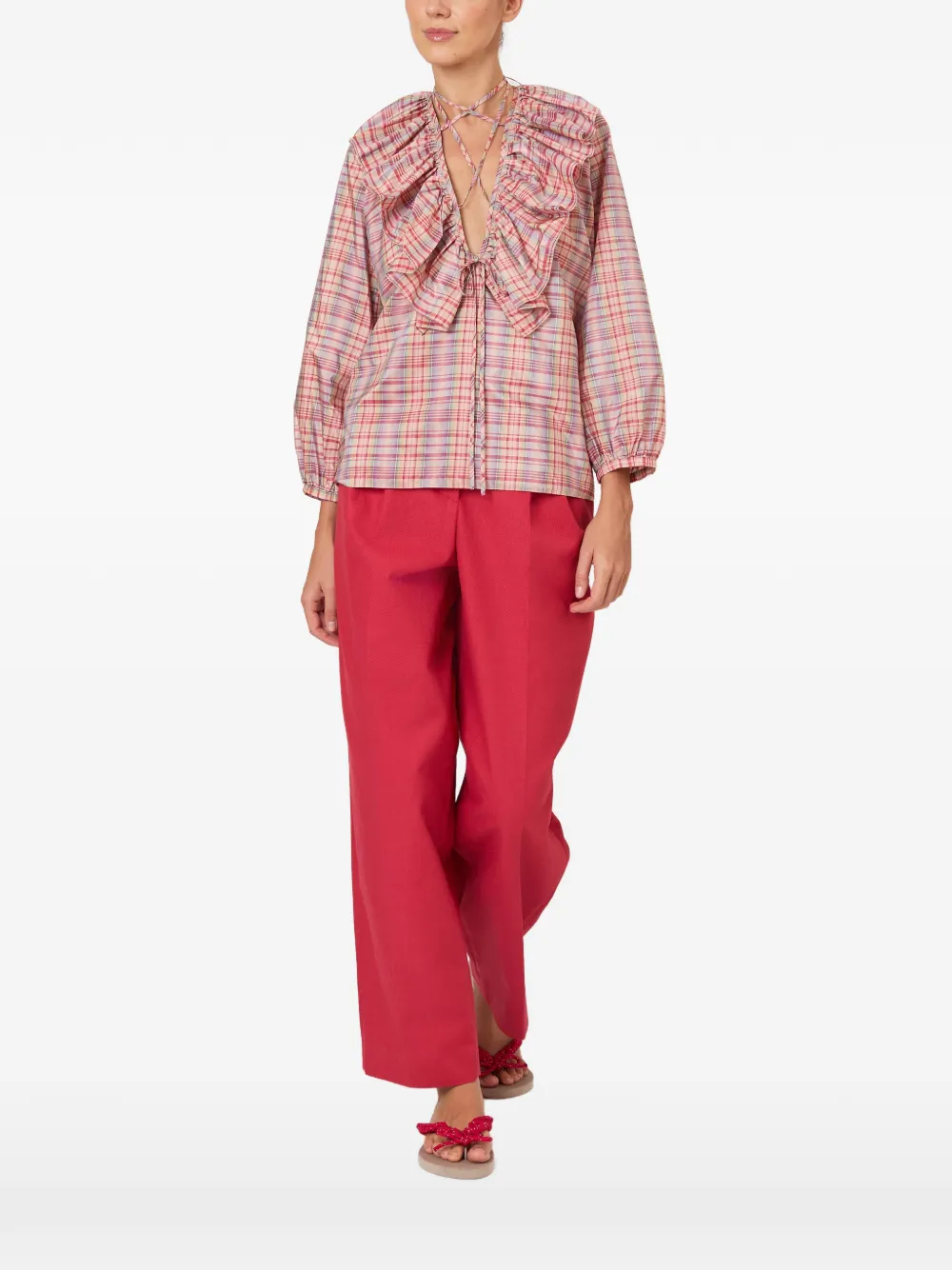 Rosie Assoulin ruffled plaid blouse - Red