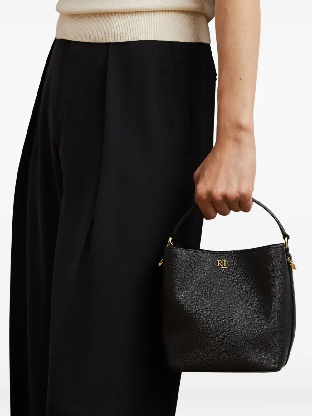 Ralph Lauren Small Crosshatch Reese Black Leather Bucket Bag Si In Black
