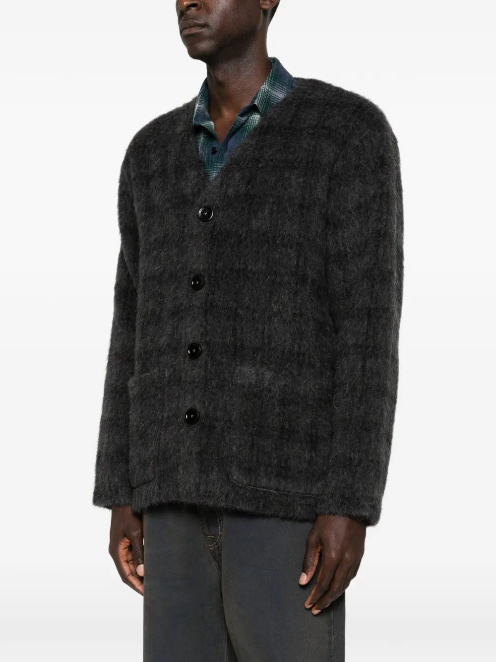 Our Legacy Textured Knit V Neck Sweater Front Pockets In Black