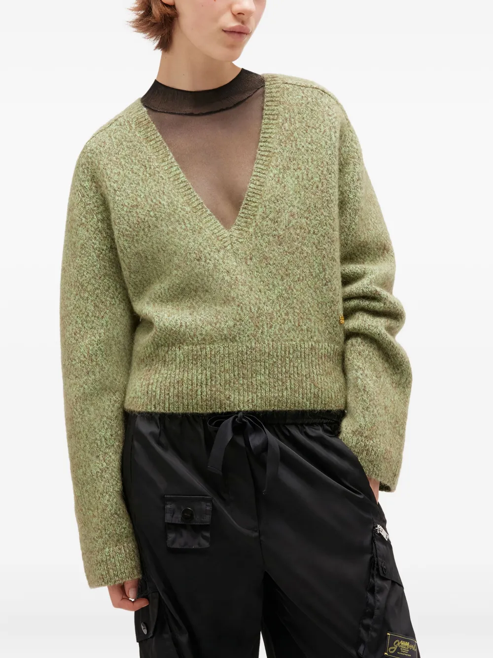 Ganni Textured Wool Blend V-neck Sweater In Green
