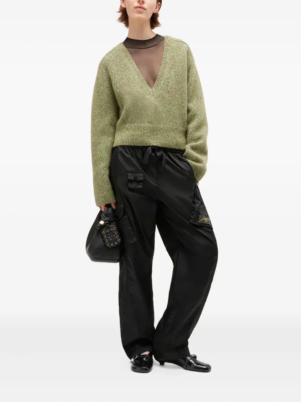 Ganni Textured Wool Blend V-neck Sweater In Green