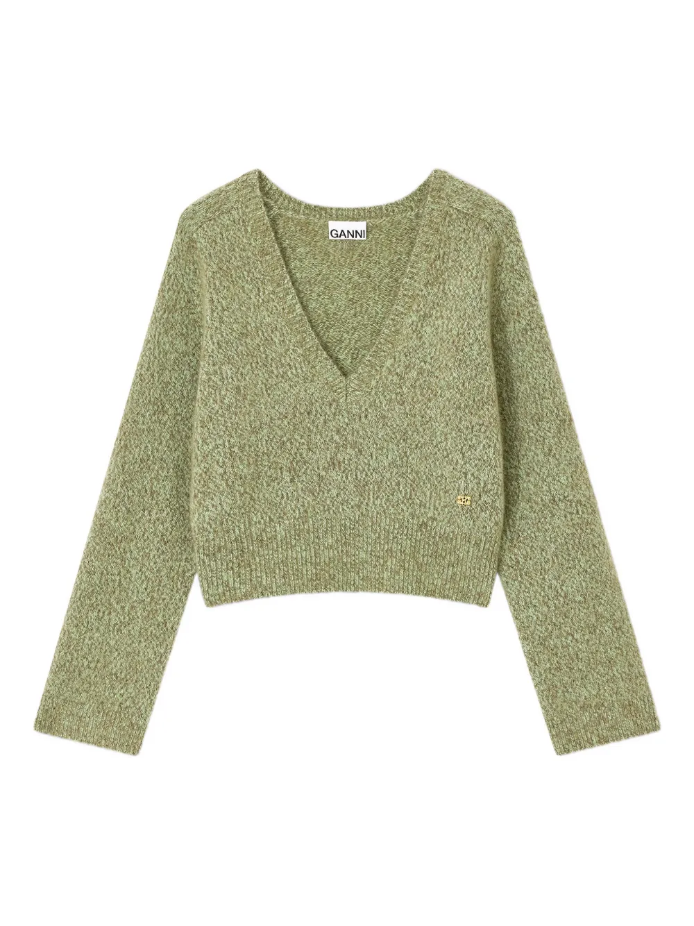 Ganni Textured Wool Blend V-neck Sweater In Green
