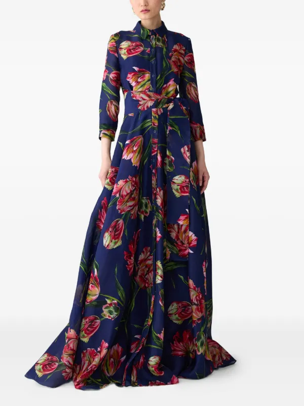 Carolina Herrera Vestido Largo Con Tulipanes Estampados Azul