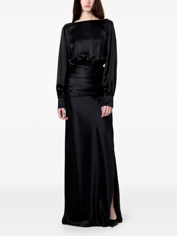 black satin long sleeve ruched dress Women's Elegant Satin Wrap Maxi Dress V Neck Long Sleeve Ruffle Hem Cinched Waist Silky Formal Dress Ruched Detail Gown for Cocktail Holiday Prom Wedding Party Evening Events