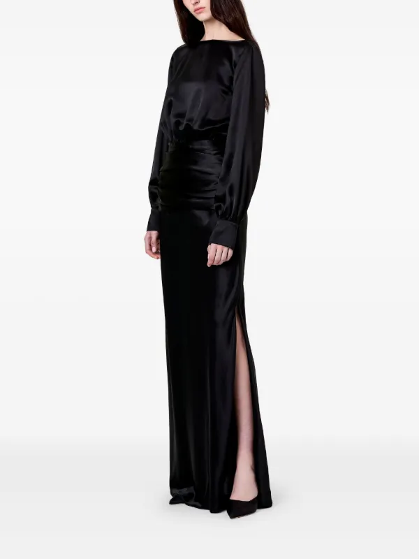 black satin long sleeve ruched dress Black Satin Long Sleeve Wrap Dress Black Satin Long Sleeve Wrap Top Ruched Mini Dress AX