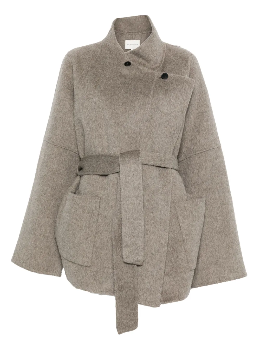 Viktoria Chan Wool Coat With Asymmetrical Wrap Closure And Matching Belt In Neutral