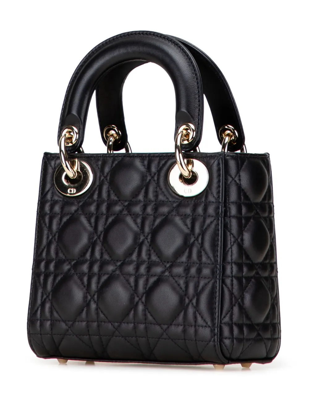 Pre-owned Dior 2021 Mini Lambskin Cannage Lady  Satchel In Black