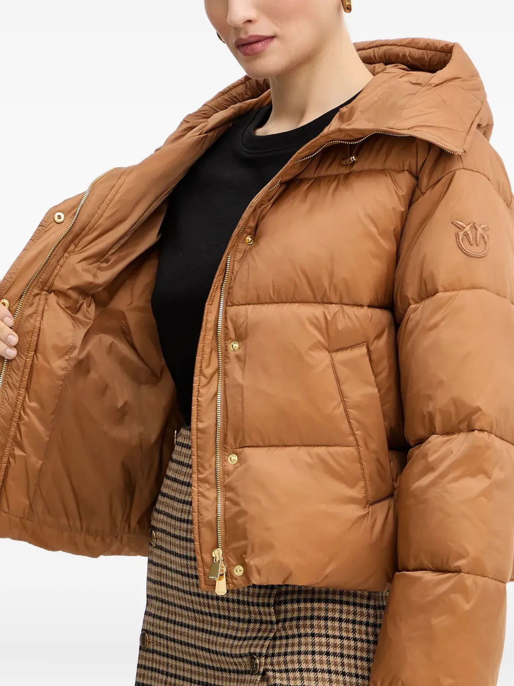 Pinko Love Birds-appliqué Padded Puffer Jacket In Brown