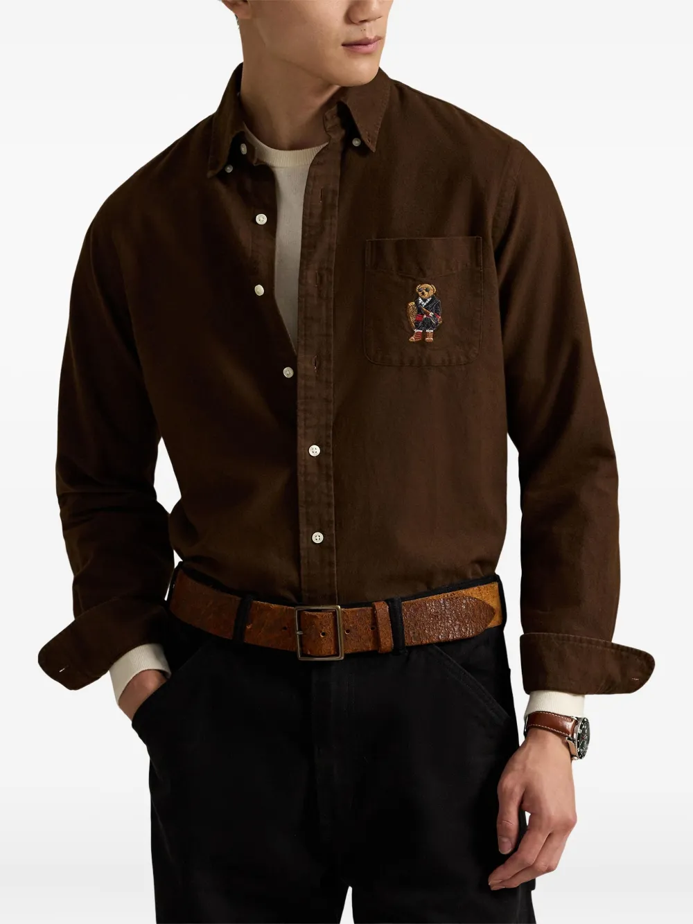 Polo Ralph Lauren Mens Cooper Brown Brushed Bear-embroidered Cotton Shirt In Brown