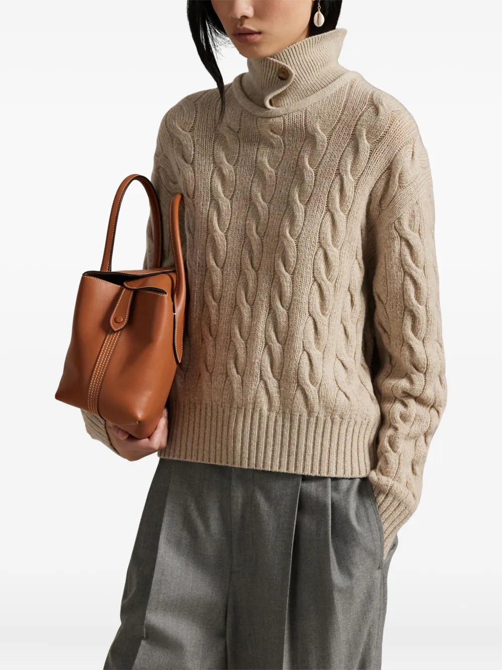 Polo Ralph Lauren Cable-knit Stand Up-collar Sweater In Brown