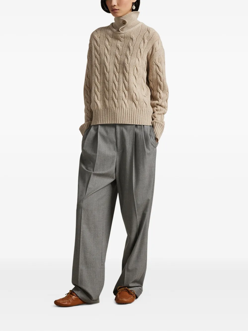 Polo Ralph Lauren Cable-knit Stand Up-collar Sweater In Brown