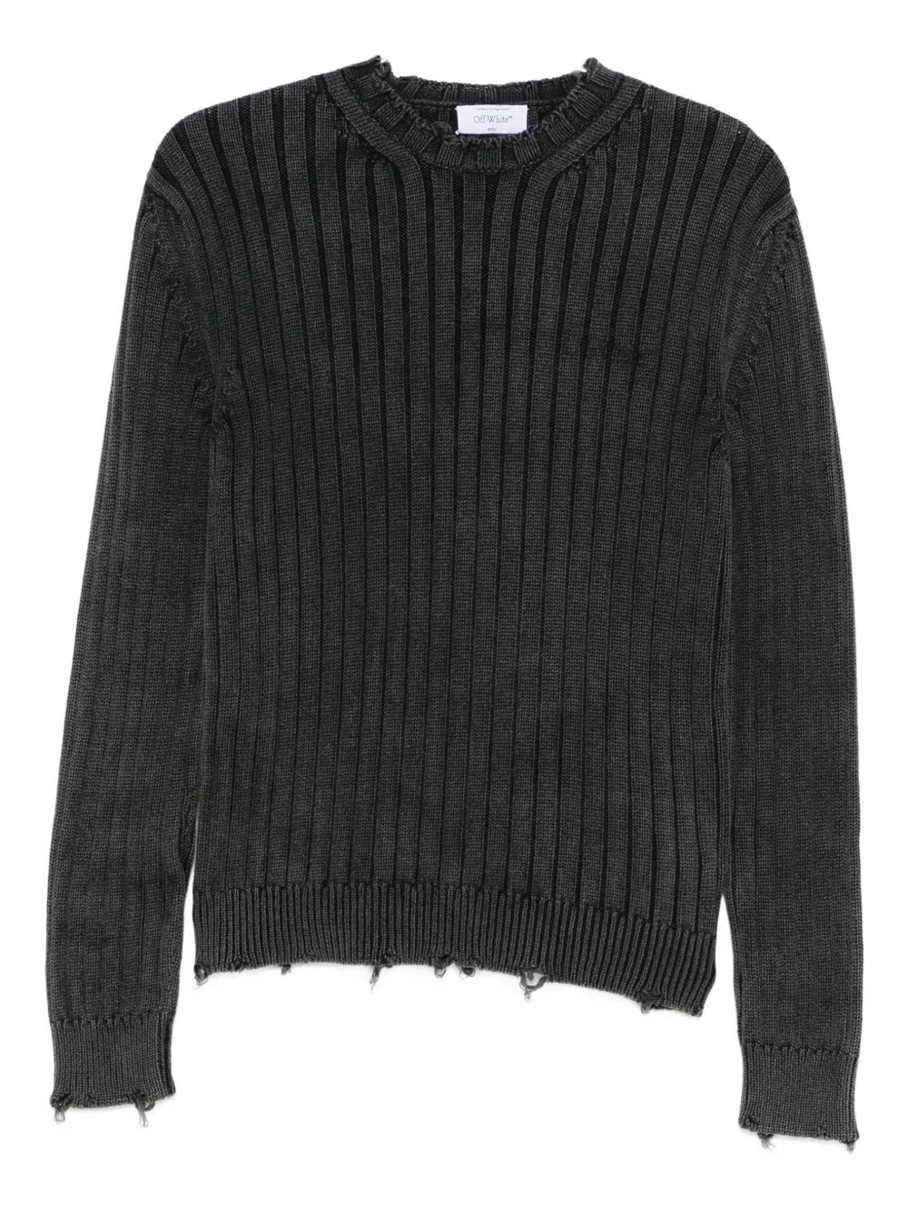 Off-white Crew Neck Long Sleeve Knitwear With Distressed Hem In Black