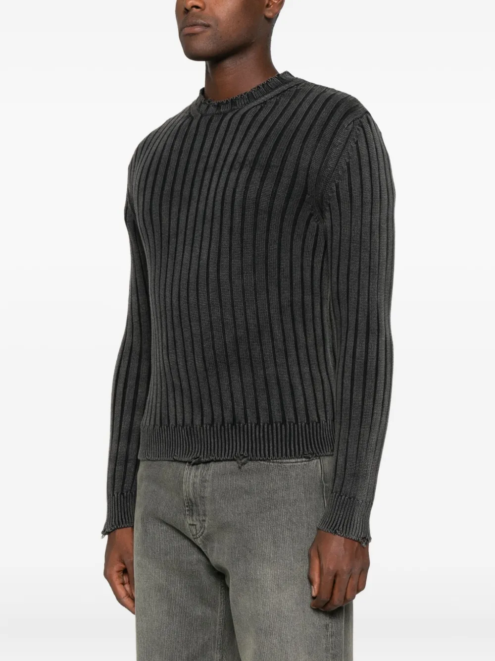 Off-white Crew Neck Long Sleeve Knitwear With Distressed Hem In Black