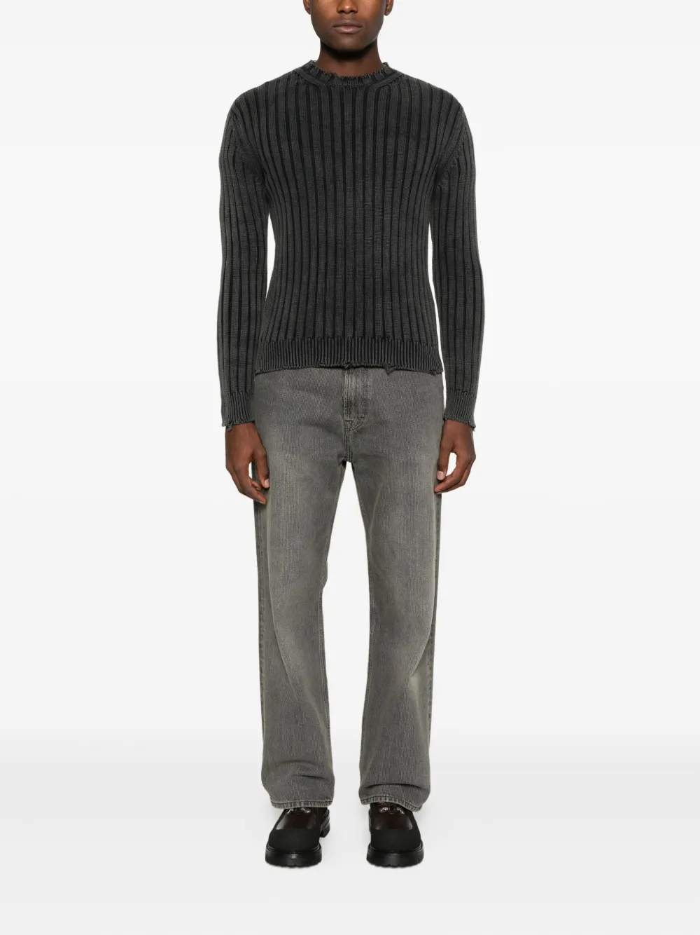 Off-white Crew Neck Long Sleeve Knitwear With Distressed Hem In Black