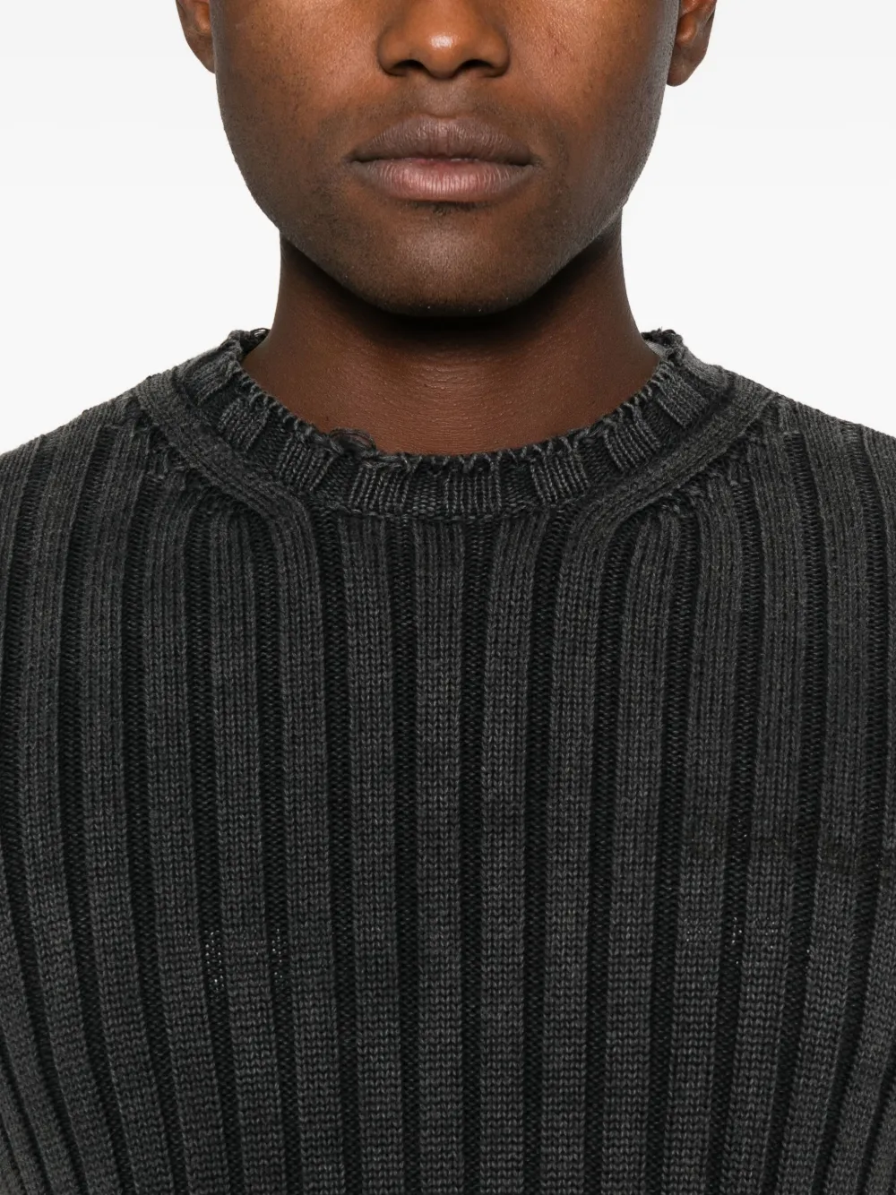 Off-white Crew Neck Long Sleeve Knitwear With Distressed Hem In Black