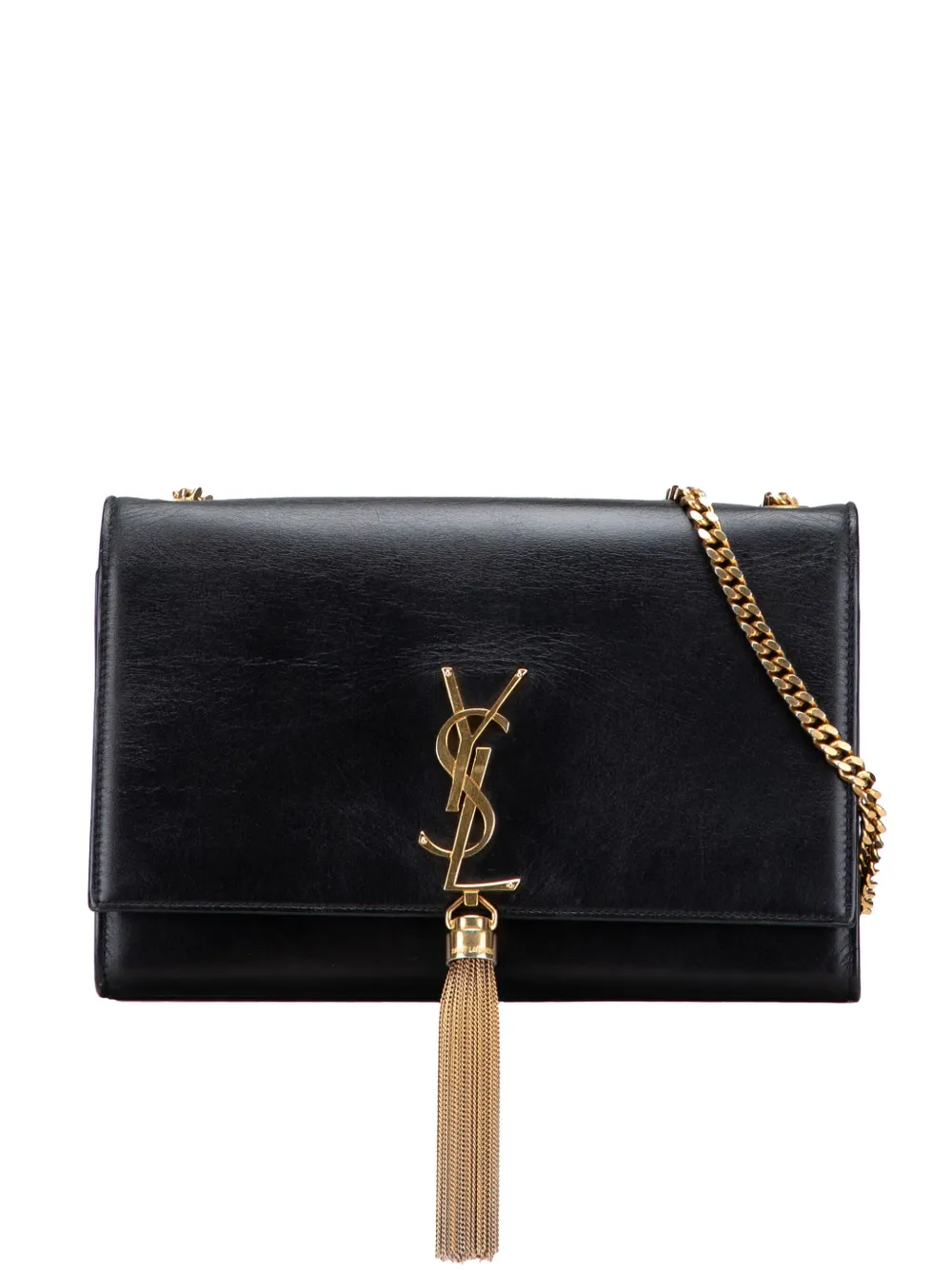 Pre-owned Saint Laurent 2014 Medium Smooth Calfskin Classic Monogram Kate Tassel Crossbody Bag In Black