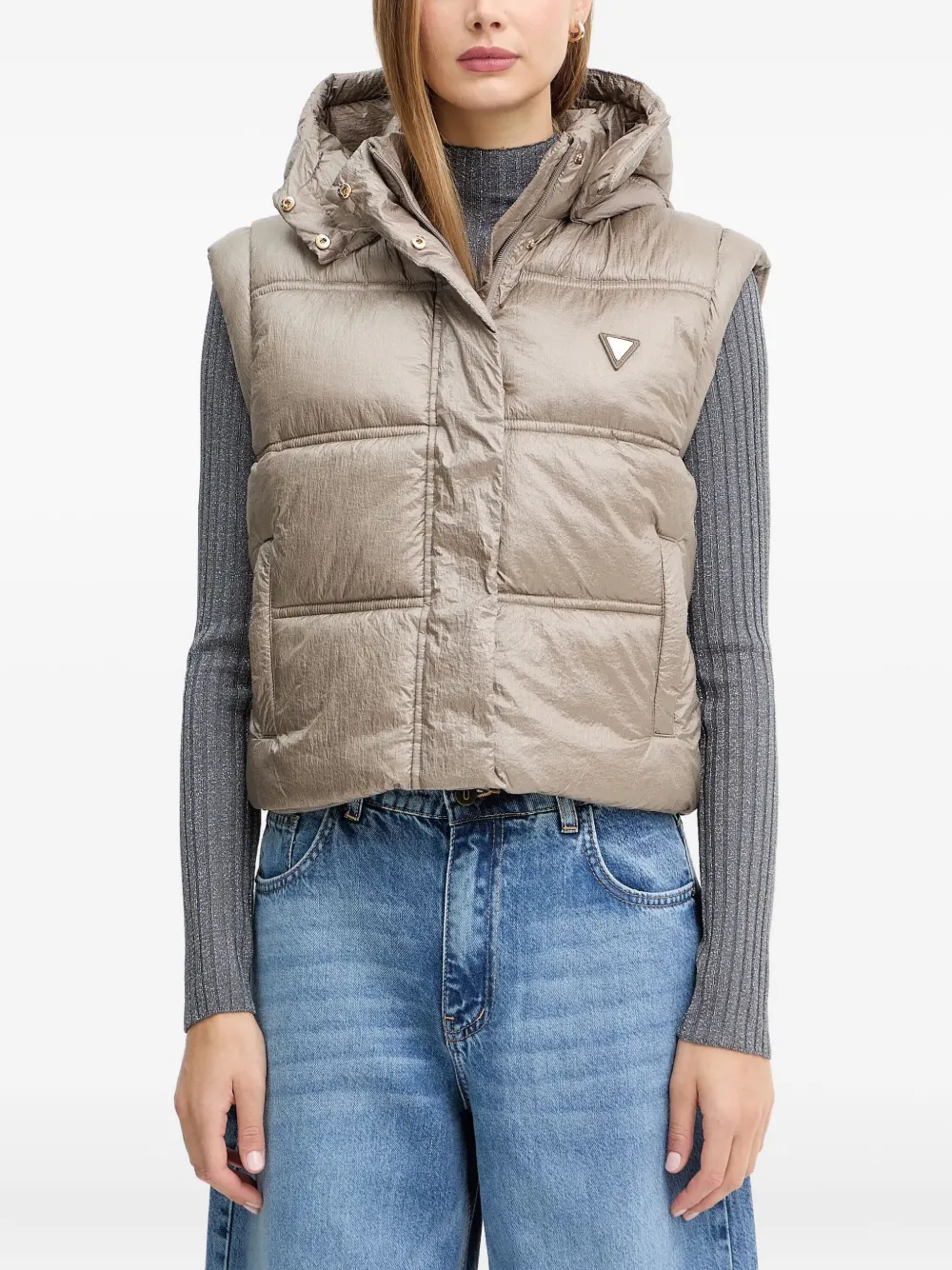 Guess Usa Hooded Quilted Gilet In Brown