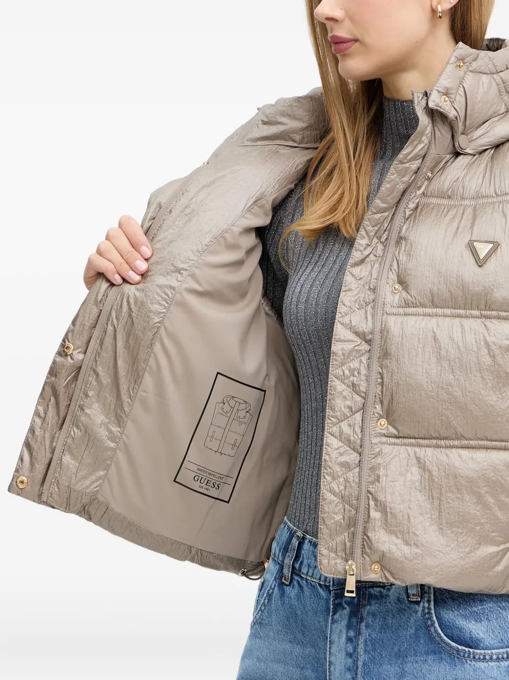 Guess Usa Hooded Quilted Gilet In Brown